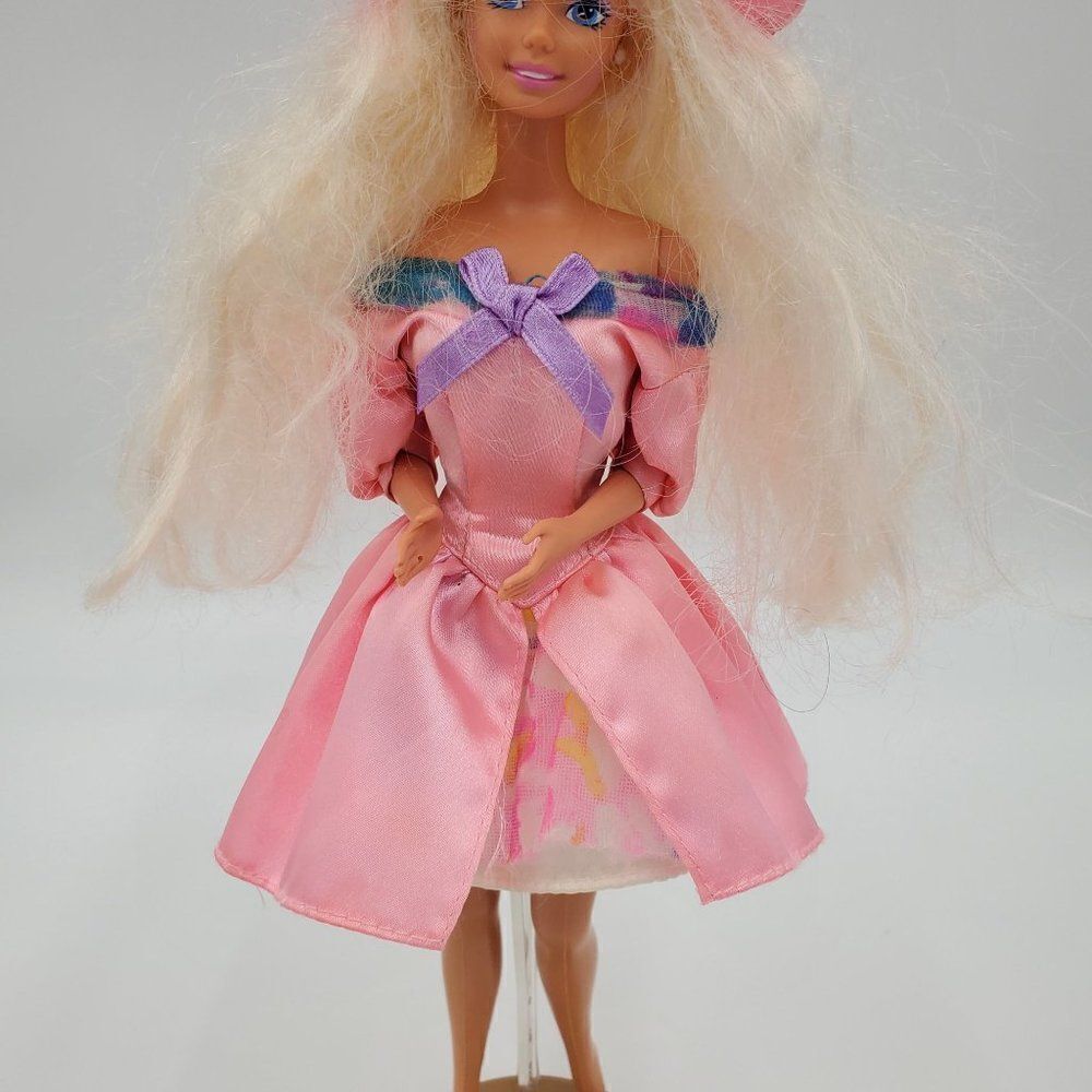 Vintage Mattel Barbie Doll Long Blonde Hair Blue Eyes Pink Dress Hat - Picture 4 of 13